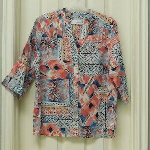 ALFRED DUNNER Womens Button Up Blouse Aztec Multicolor 3/4 Sleeve Size 14